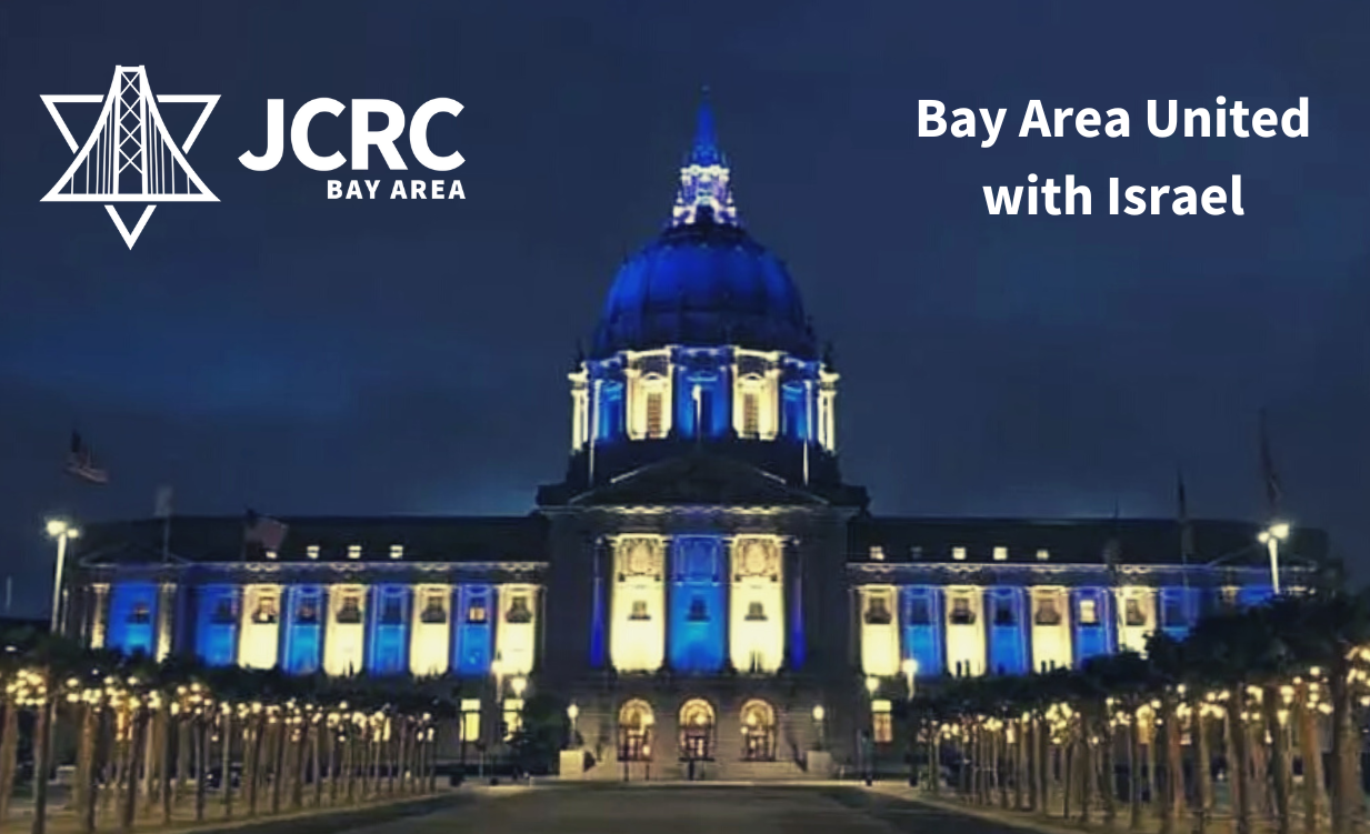 San Francisco City Hall lit in blue and white solidarity at the direction of Mayor London Breed